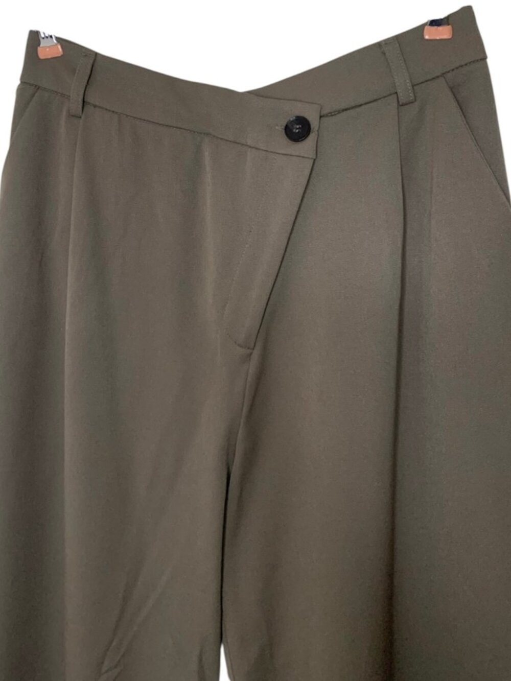 Zara Asymmetric Wide-Leg Pleated Trousers, Olive/Sage Sz L - Picture 2 of 6